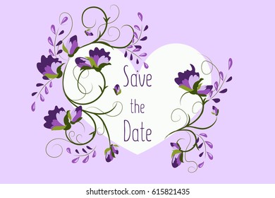 Save the date illustration, wedding day. Flat, doodle, flower arrangement of stylized flowers. Purple flowers on a gentle lilac background. Vector illustration