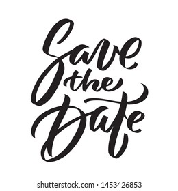 Save the date ink writing in modern calligraphy style. Text lettering for wedding card. One color phrase brush calligraphy. Vector isolated on white.