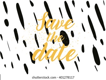 Save the date inscription. Greeting card with calligraphy. Hand drawn lettering design. Photo overlay. Typography for banner, poster or apparel design. Vector typography.