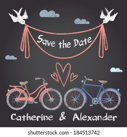 Save the date invitation card. Bicycles, banner, birds, chalkboard style.