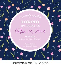 Save the Date Invitation Card with Blossom Tulips Flowers. Birthday, Anniversary Party, RSVP Floral Template. Vector illustration