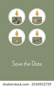 Save the date. Invitation card with decorated candles in green, gold and anthracite. Free space for own text.