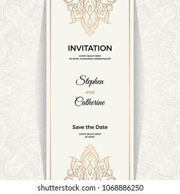 Save The Date Invitation Card Design In Henna Tattoo Style. Decorative Mandala For Print, Poster,  Cover, Brochure, Flyer, Banner.