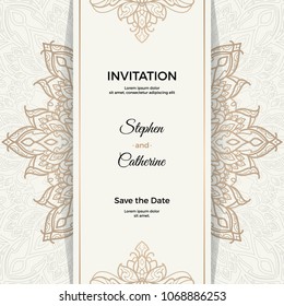 Save The Date Invitation Card Design In Henna Tattoo Style. Decorative Mandala For Print, Poster,  Cover, Brochure, Flyer, Banner.