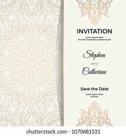 Save The Date invitation card design in henna tattoo style. Decorative mandala for print, poster,  cover, brochure, flyer, banner.