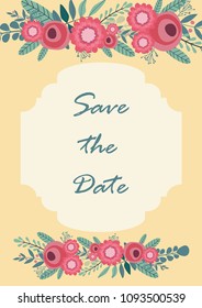 'Save the date' invitation card design. Yellow background with floral design elements. Perfect for wedding card design or engagement card.