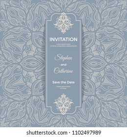 Guarde el diseño de la tarjeta de invitación Date en estilo tatuaje henna. Mandala decorativa para impresión, afiche, portada, folleto, volante, banner.