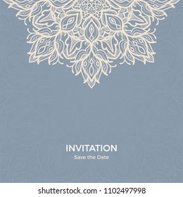 Save The Date invitation card design in henna tattoo style. Decorative mandala for print, poster,  cover, brochure, flyer, banner.