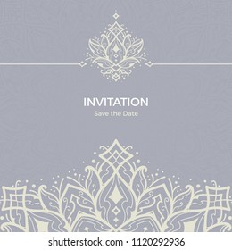 Save The Date invitation card design in henna tattoo style. Decorative mandala for print, poster,  cover, brochure, flyer, banner.