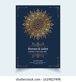 Save The Date invitation card design in henna tattoo style. Luxury mandala background with golden arabesque pattern. Arabic Islamic east style. Decorative mandala for print, poster, cover, brochure.