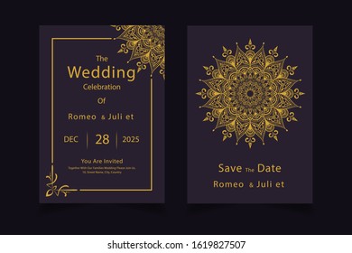 Save The Date invitation card design in henna tattoo style. Luxury mandala background with golden arabesque pattern. Arabic Islamic east style. Decorative mandala for print, poster, cover, brochure