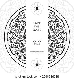 Guardar el diseño de la tarjeta de invitación Date en estilo tatuaje henna. Mandala decorativa para imprimir, afiche, portada, folleto, volante, banner.
