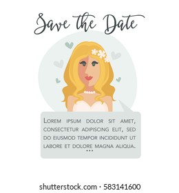 Save the Date invitation card design. Beautiful blonde bride in white dress with decor in hair and necklace made of pearls. Add your text, wedding poster design vector illustration in flat style