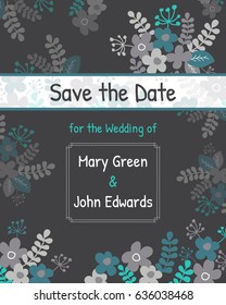 Save the date invitation card with flowers on black background