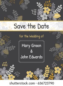 Save the date invitation card with flowers on black background