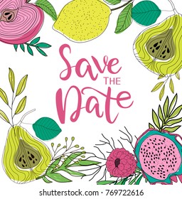 Save the date invitation card with fruit and flowers. Wedding invitation. Love you card. Editable vector illustration