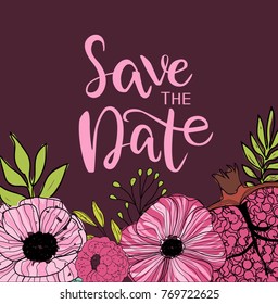 Save the date invitation card with fruit and flowers. Wedding invitation. Love you card. Editable vector illustration