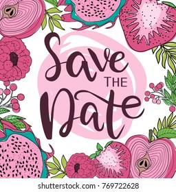 Save the date invitation card with fruit and flowers. Wedding invitation. Love you card. Editable vector illustration