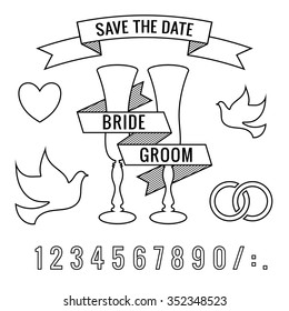 Save the date invitation card or poster template. Set of vector illustrations consisting of wedding wine glasses, heart, pigeon, banners, ribbons rings and numbers.