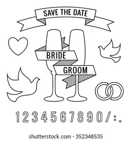 Save the date invitation card or poster template. Set of vector illustrations consisting of wedding wine glasses, heart, pigeon, banners, ribbons rings and numbers.