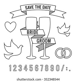 Save the date invitation card or poster template. Set of vector illustrations consisting of wedding wine glasses, heart, pigeon, banners, ribbons rings and numbers.