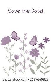 Save the date. Invitation card with purple flowers and butterflies.