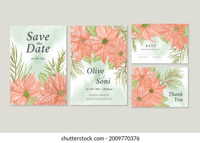 Save the date invitation card set with watercolor poinsettia flower