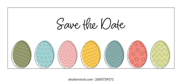 Save the date. Invitation card with a set of colorful Easter eggs.