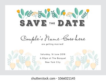 Save The Date invitation card template/ Hand Lettering design/ Textured background/ Wedding illustrations/ Flower arrangements vector art