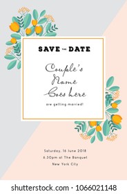 Save The Date invitation card template/ Hand Lettering design/ Textured background/ Wedding illustrations/ Flower arrangements vector art