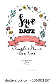 Save The Date invitation card template/ Hand Lettering design/ Textured background/ Wedding illustrations/ Flower arrangements vector art