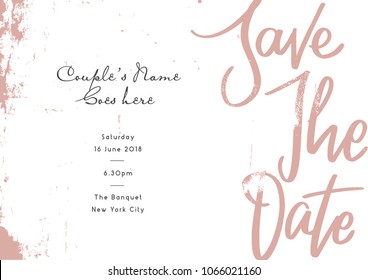 Save The Date invitation card template/ Hand Lettering design/ Textured background/ Wedding illustrations