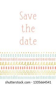 Save the date invitation card template vector. Contemporary design with ethnic and tribal doodle motifs, gold foil elements coral pink teal. Modern decor for birthday card, party invite, celebration