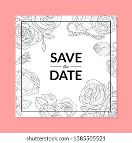 Save The Date Invitation Card Template with Hand Drawn Flowers Vector Illustration