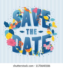 Save the date invitation card vector flat colorful circular spring summer floral wreaths with flowers, leaves and birds  and text type. modern illustration and typography. wedding holiday celebration