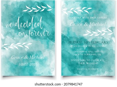 Speichern Sie die Einladungskarte für eine Hochzeit im Winter in einer Aquarell-Farbe in sanften Blau- und Smaragdfarben.