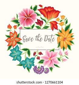 Save The Date Invitation. Embroidery Style from Oaxaca, Mexico - Floral Composition – Copy Space