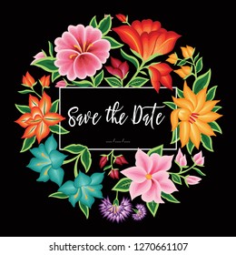 Save The Date Invitation. Embroidery Style from Oaxaca, Mexico - Floral Composition – Copy Space