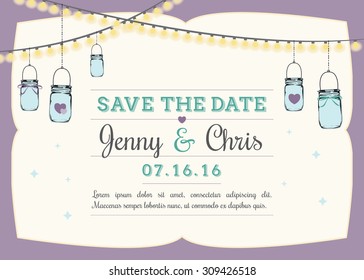 Save the date invitation with garden lights and hanging mason jars. Framed invite template with space for text and wedding date. DIY shabby chic wedding - vector illustration.