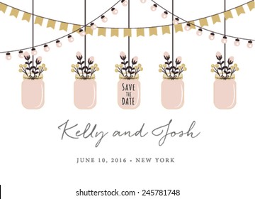 Save the Date Invitation with Hanging Mason Jars on White Background