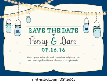 Save the date invitation with hanging mason jars. Wedding reminder template with navy blue frame and placement for custom text & wedding date. Vector illustration greeting card.