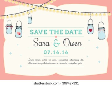 Save the date invitation with hanging mason jars. Wedding reminder template with pink frame and space for custom text & wedding date. Vector illustration.