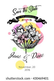 Save the date invitation template with astromeria flower. Vector EPS 10.