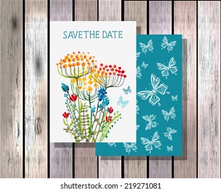 Save the date invitation template illustration with beautiful watercolor wild flowers