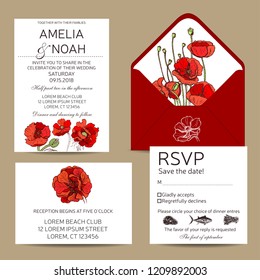 Save the date invitation. Vector wedding illustration with poppy flowers.