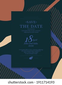 Guarda la fecha. Una invitación a una celebración de bodas. Una plantilla para colocar su información y texto. El diseño de la postal es moderno. Antecedentes abstractos.