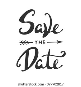 Save the Date invite card vector template with modern calligraphy isolated on white background. Handwritten lettering. Hand drawn design elements.