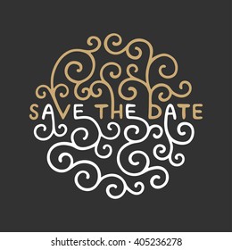 Save the Date invite card vector template with modern calligraphy on dark background. Handwritten lettering. Hand drawn design elements.