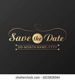 Save the Date isolated Calligraphy logo with Heart modern style Golden color logo on black background with Date.