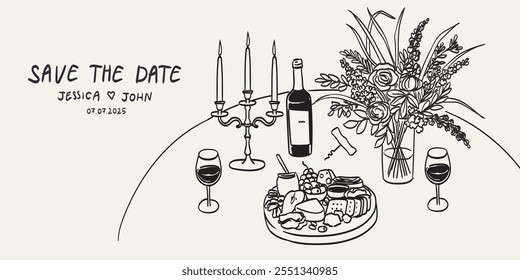 Save the date in La dolce vita sketch style. Hand drawn food illustrations on table. Italian romantic dinner icons. Wine, cheese, charcuterie drawings for wedding invitations, cafe menus and parties.